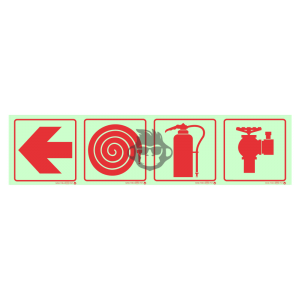 F02 - Fire Hydrant, Fire Extinguisher, Hose Reel and Arrow Left SABS sign